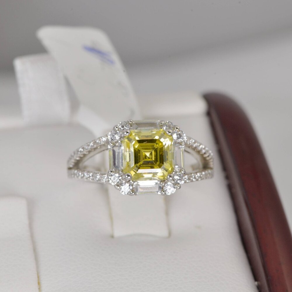 2ct Moissanite Engagement Ring Lemon Yellow Asscher Cut 925 Sterling